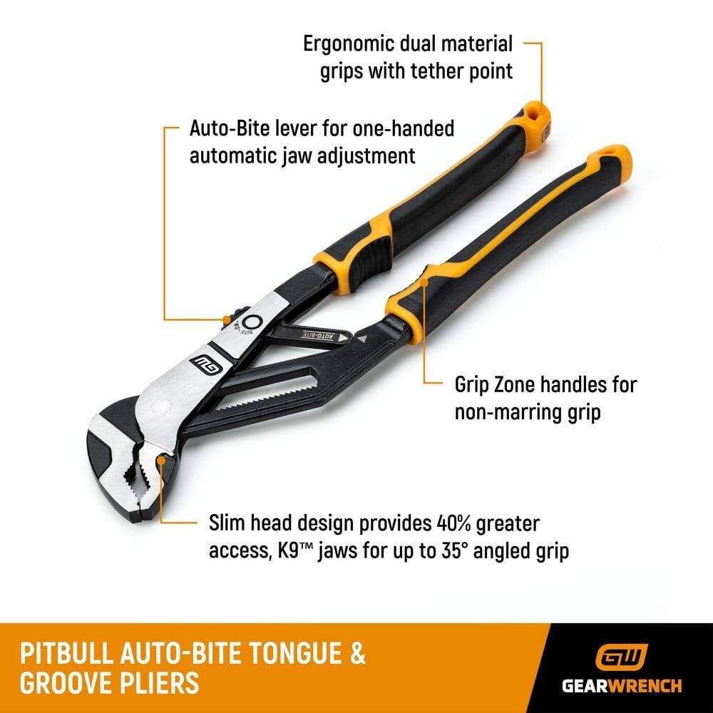 Promotional image of GEARWRENCH PITBULL Auto-Bite pliers highlighting ergonomic grips, auto-bite lever, slim head design, and K9™ jaws for angled grip and improved access.