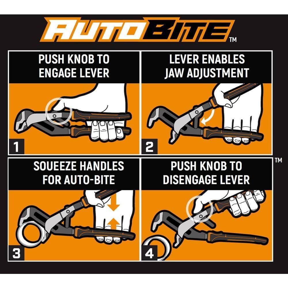 Instructional graphic showing four steps to operate Auto-Bite pliers: engage lever, adjust jaws, squeeze handles, and disengage lever for release
