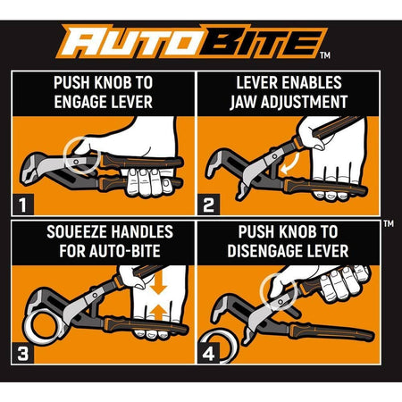 Instructional graphic showing four steps to operate Auto-Bite pliers: engage lever, adjust jaws, squeeze handles, and disengage lever for release