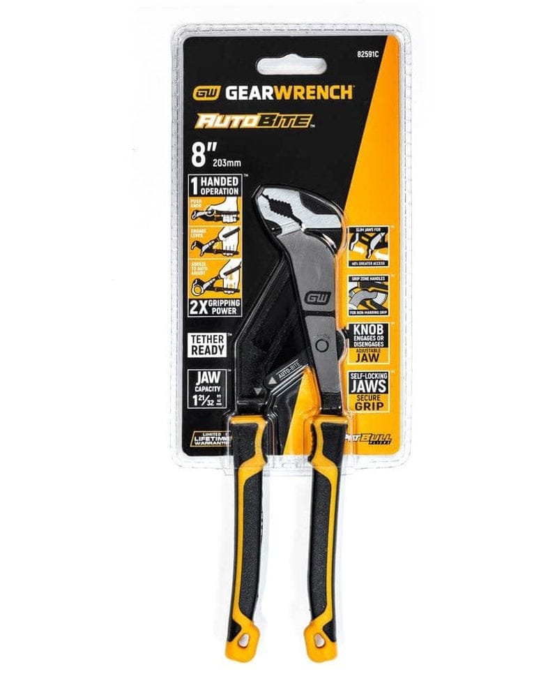 Retail packaging of GEARWRENCH Auto-Bite 8-inch pliers with feature callouts including one-handed operation, 2X gripping power, tether readiness, and jaw capacity of 1.5 inches.