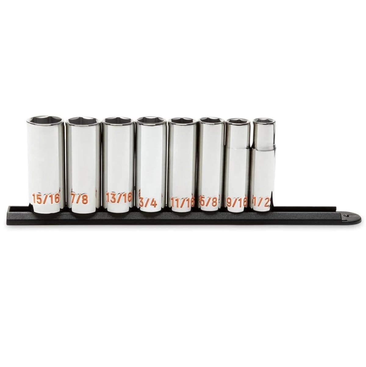 A comprehensive studio shot of the GEARWRENCH 8-piece 1/2 inch drive SAE Hi-Viz deep socket set organized on a professional black socket rail, showcasing the extended reach profile and high-visibility orange color-filled size markings ranging from 1/2 inch to 15/16 inch.