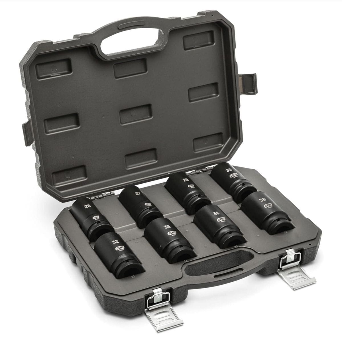A comprehensive studio shot of the GEARWRENCH 8-piece 3/8 inch drive metric deep impact socket set organized in its professional grey blow-mold storage case, showcasing the extended reach profile and high-visibility laser-etched markings ranging from 26mm to 38mm.
