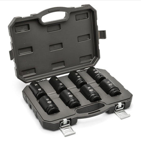 A comprehensive studio shot of the GEARWRENCH 8-piece 3/8 inch drive metric deep impact socket set organized in its professional grey blow-mold storage case, showcasing the extended reach profile and high-visibility laser-etched markings ranging from 26mm to 38mm.