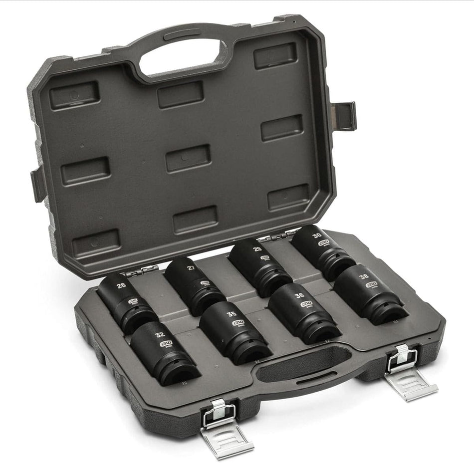 A comprehensive studio shot of the GEARWRENCH 8-piece 3/8 inch drive metric deep impact socket set organized in its professional grey blow-mold storage case, showcasing the extended reach profile and high-visibility laser-etched markings ranging from 26mm to 38mm.