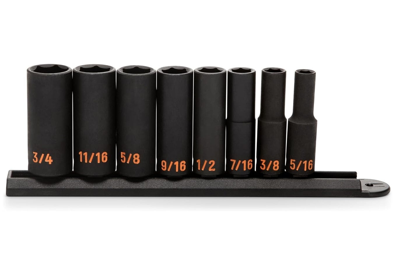 A comprehensive studio shot of the GEARWRENCH 8-piece 3/8 inch drive SAE Hi-Viz deep impact socket set organized on a professional black socket rail, showcasing the extended reach profile and high-visibility orange color-filled size markings ranging from 5/16 inch to 3/4 inch.