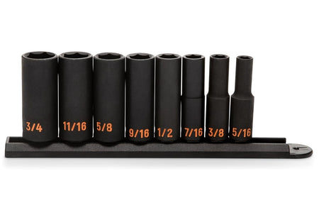 A comprehensive studio shot of the GEARWRENCH 8-piece 3/8 inch drive SAE Hi-Viz deep impact socket set organized on a professional black socket rail, showcasing the extended reach profile and high-visibility orange color-filled size markings ranging from 5/16 inch to 3/4 inch.