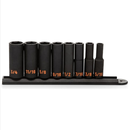 A comprehensive studio shot of the GEARWRENCH 8-piece 3/8 inch drive SAE Hi-Viz deep impact socket set organized on a professional black socket rail, showcasing the extended reach profile and high-visibility orange color-filled size markings ranging from 5/16 inch to 3/4 inch.