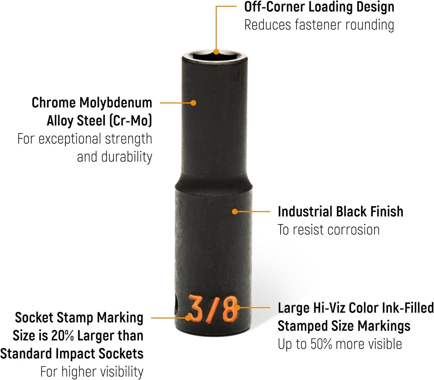 An informational marketing graphic of a GEARWRENCH Hi-Viz deep impact socket highlighting the Chrome Molybdenum Alloy Steel Cr-Mo construction, 20 percent larger stampings, 50 percent more visible color-ink-filled markings, and industrial black finish.
