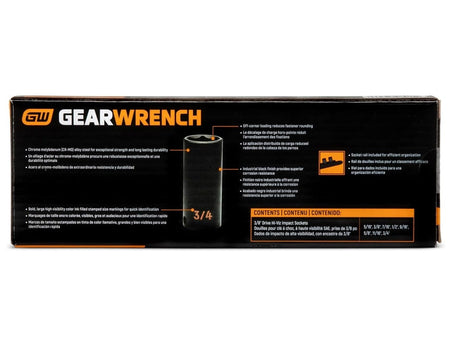 The back of the GEARWRENCH 84915H retail box providing technical details in multiple languages regarding the Cr-Mo alloy steel, off-corner loading design, and included socket rail.