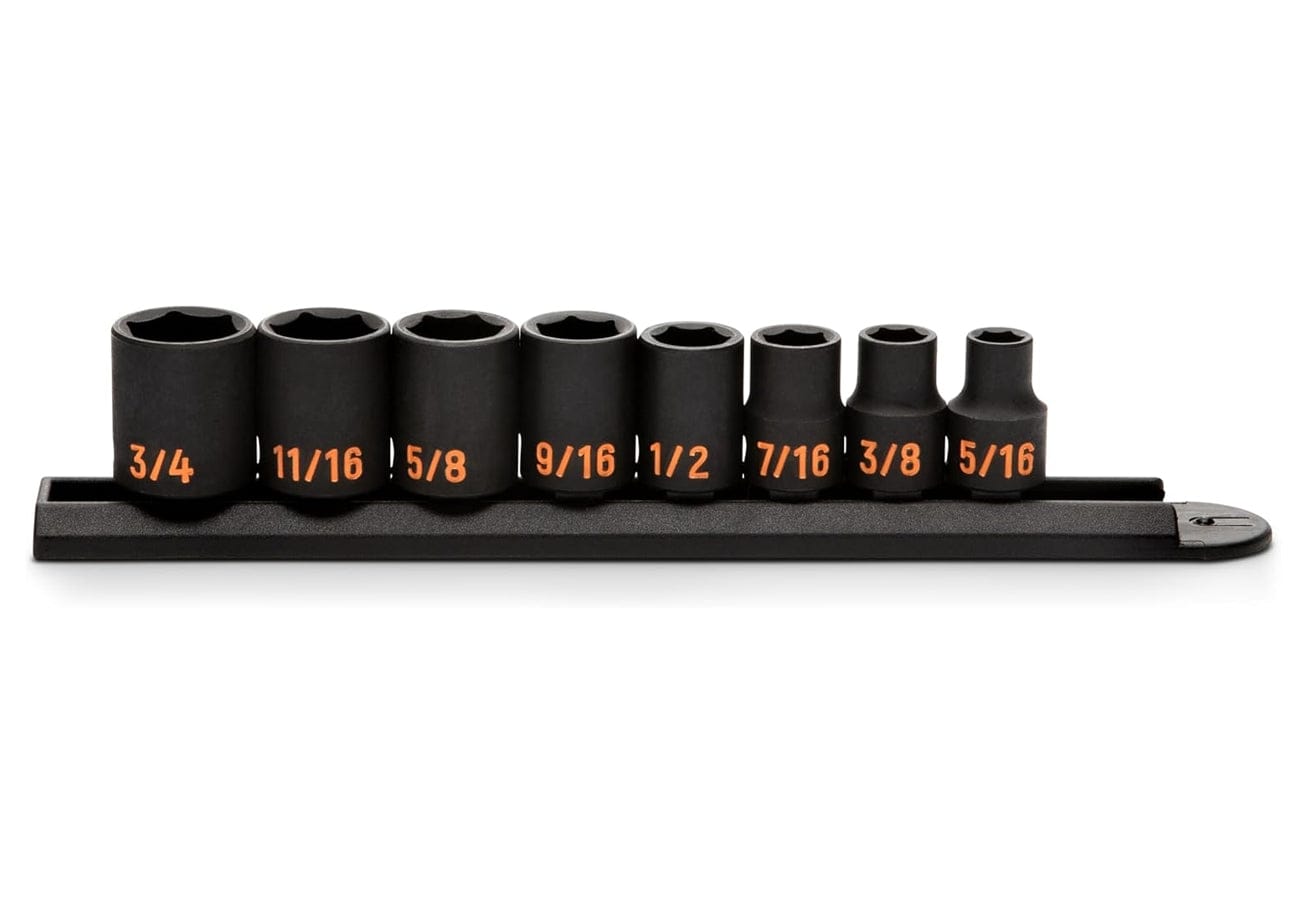 A comprehensive studio shot of the GEARWRENCH 8-piece 3/8 inch drive SAE Hi-Viz impact socket set organized on a professional black socket rail, showcasing the standard profile and high-visibility orange color-filled size markings ranging from 5/16 inch to 3/4 inch.