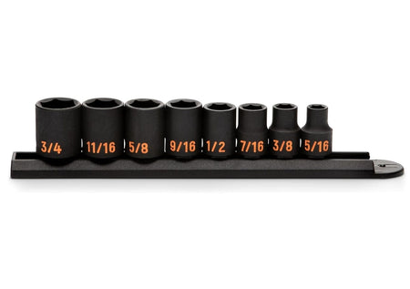 A comprehensive studio shot of the GEARWRENCH 8-piece 3/8 inch drive SAE Hi-Viz impact socket set organized on a professional black socket rail, showcasing the standard profile and high-visibility orange color-filled size markings ranging from 5/16 inch to 3/4 inch.
