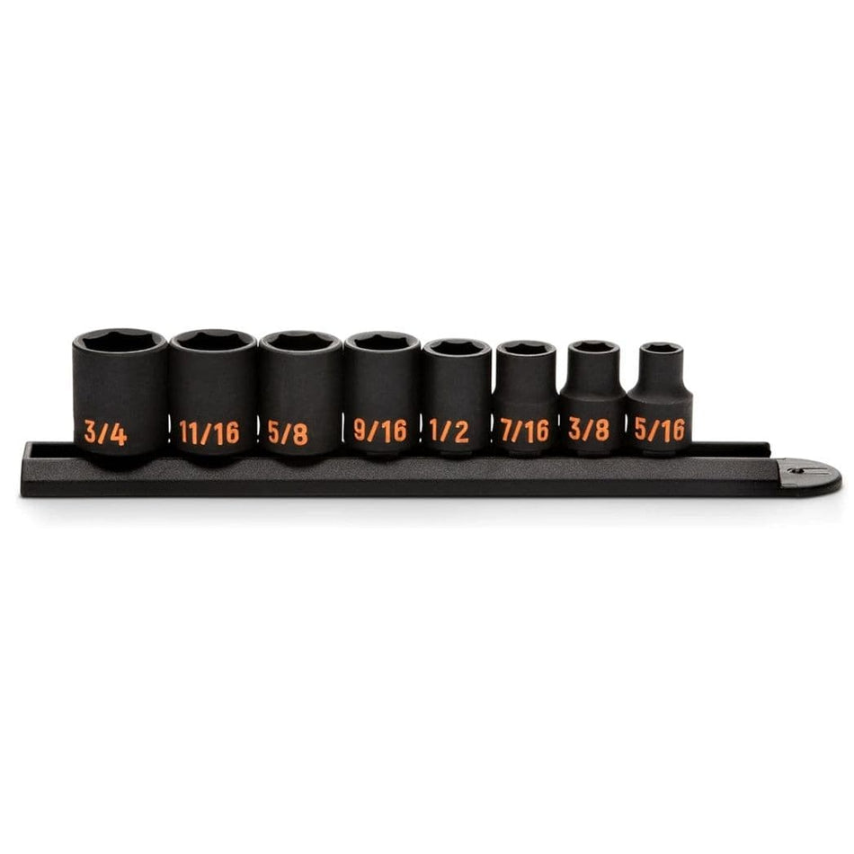 A comprehensive studio shot of the GEARWRENCH 8-piece 3/8 inch drive SAE Hi-Viz impact socket set organized on a professional black socket rail, showcasing the standard profile and high-visibility orange color-filled size markings ranging from 5/16 inch to 3/4 inch.