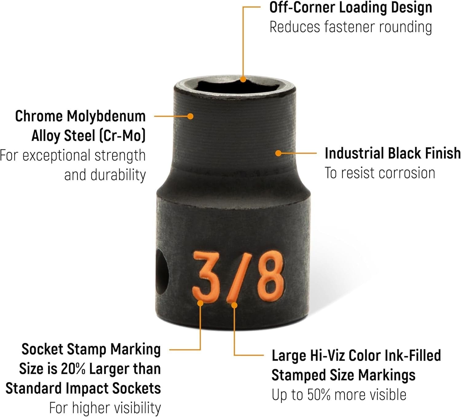 An informational marketing graphic of a GEARWRENCH Hi-Viz impact socket highlighting the Chrome Molybdenum Alloy Steel Cr-Mo construction, 20 percent larger stampings, 50 percent more visible color-ink-filled markings, and industrial black finish.