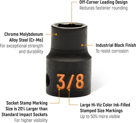 An informational marketing graphic of a GEARWRENCH Hi-Viz impact socket highlighting the Chrome Molybdenum Alloy Steel Cr-Mo construction, 20 percent larger stampings, 50 percent more visible color-ink-filled markings, and industrial black finish.