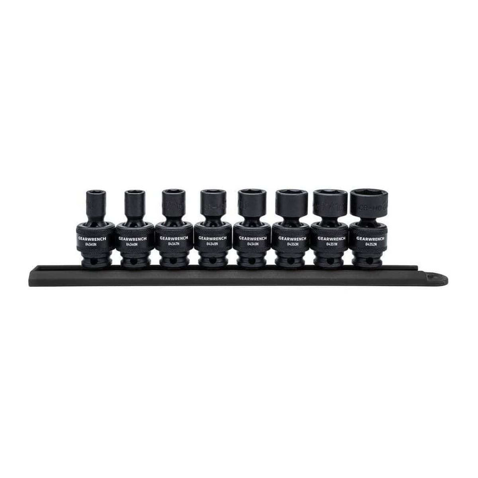 A wide shot of the GEARWRENCH 8-piece 3/8 inch drive SAE standard universal impact socket set organized on a professional black socket rail, showcasing the swivel flex joint design and manganese phosphate finish.