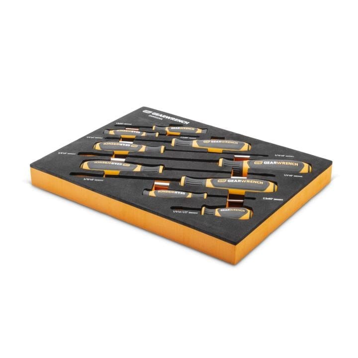 GEARWRENCH screwdriver set shown in a black foam tray with orange sides. The black and orange-handled screwdrivers are individually slotted and labeled by size and type, including Phillips and slotted varieties.