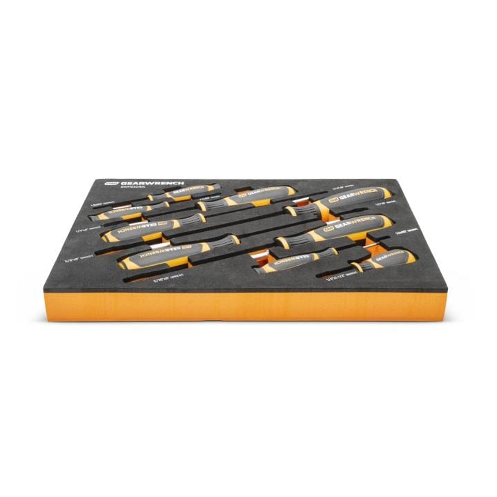 GEARWRENCH 9-piece slotted screwdriver set displayed in a labeled foam tray. Each screwdriver features a gray and orange dual-material handle with black oxide tips, organized by type and size for easy identification