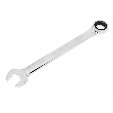 13 mm combination wrench with open-end and box-end design. Chrome-plated steel construction with engraved size marking. Used for turning fasteners in automotive, mechanical, and general maintenance tasks.