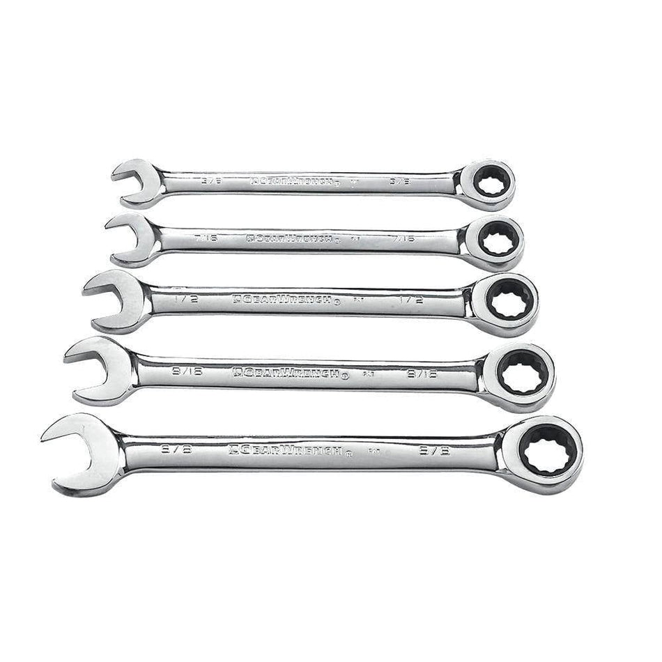 A top-down view of the five-piece GearWrench 93005 SAE ratcheting combination wrench set, including sizes 3/8, 7/16, 1/2, 9/16, and 5/8 inches with a full polish chrome finish.