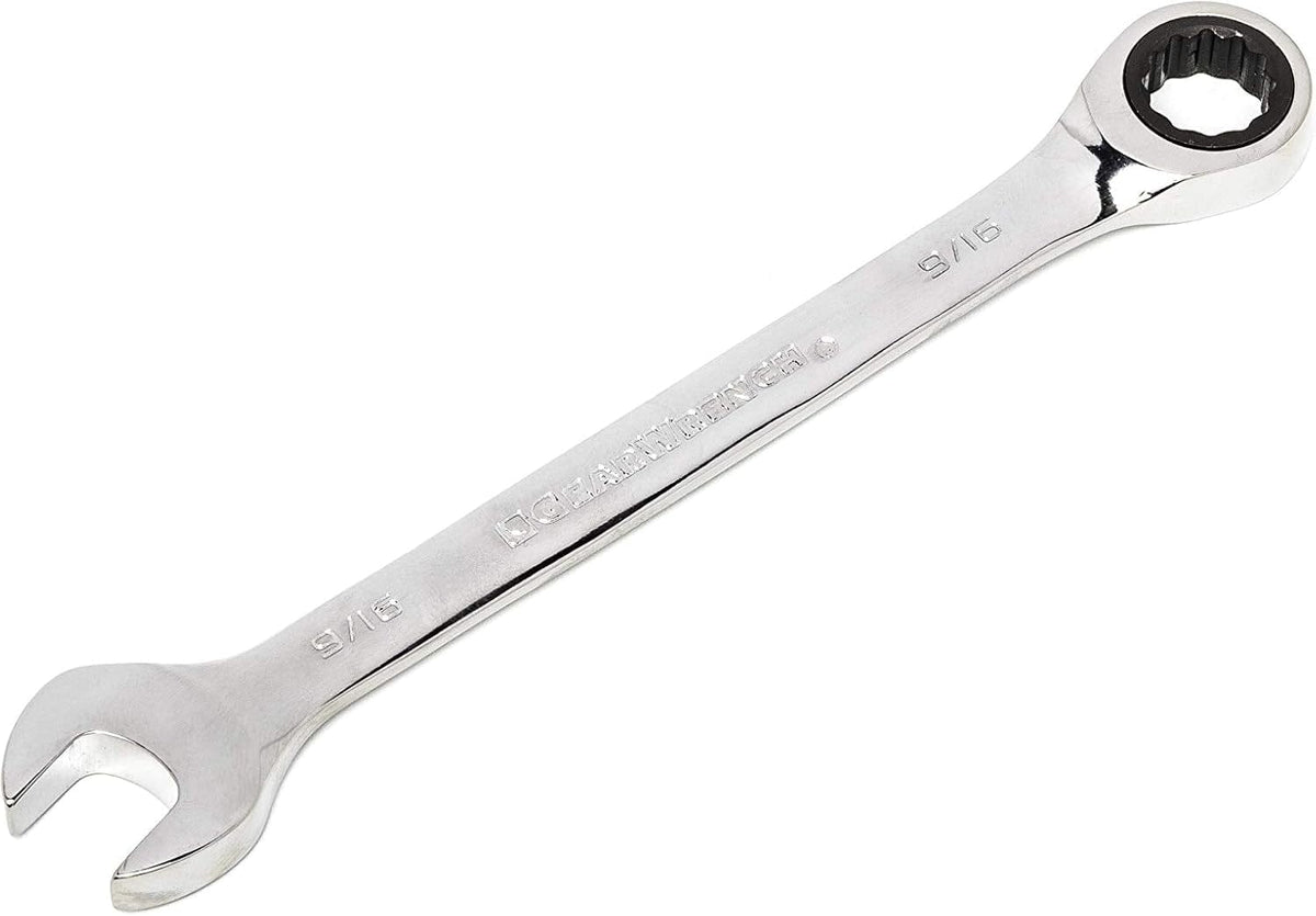 An angled view of a 9/16 inch GearWrench ratcheting combination wrench showing the 12-point box end and the 15-degree offset open end.