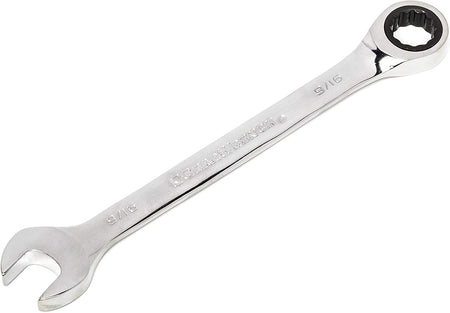 An angled view of a 9/16 inch GearWrench ratcheting combination wrench showing the 12-point box end and the 15-degree offset open end.