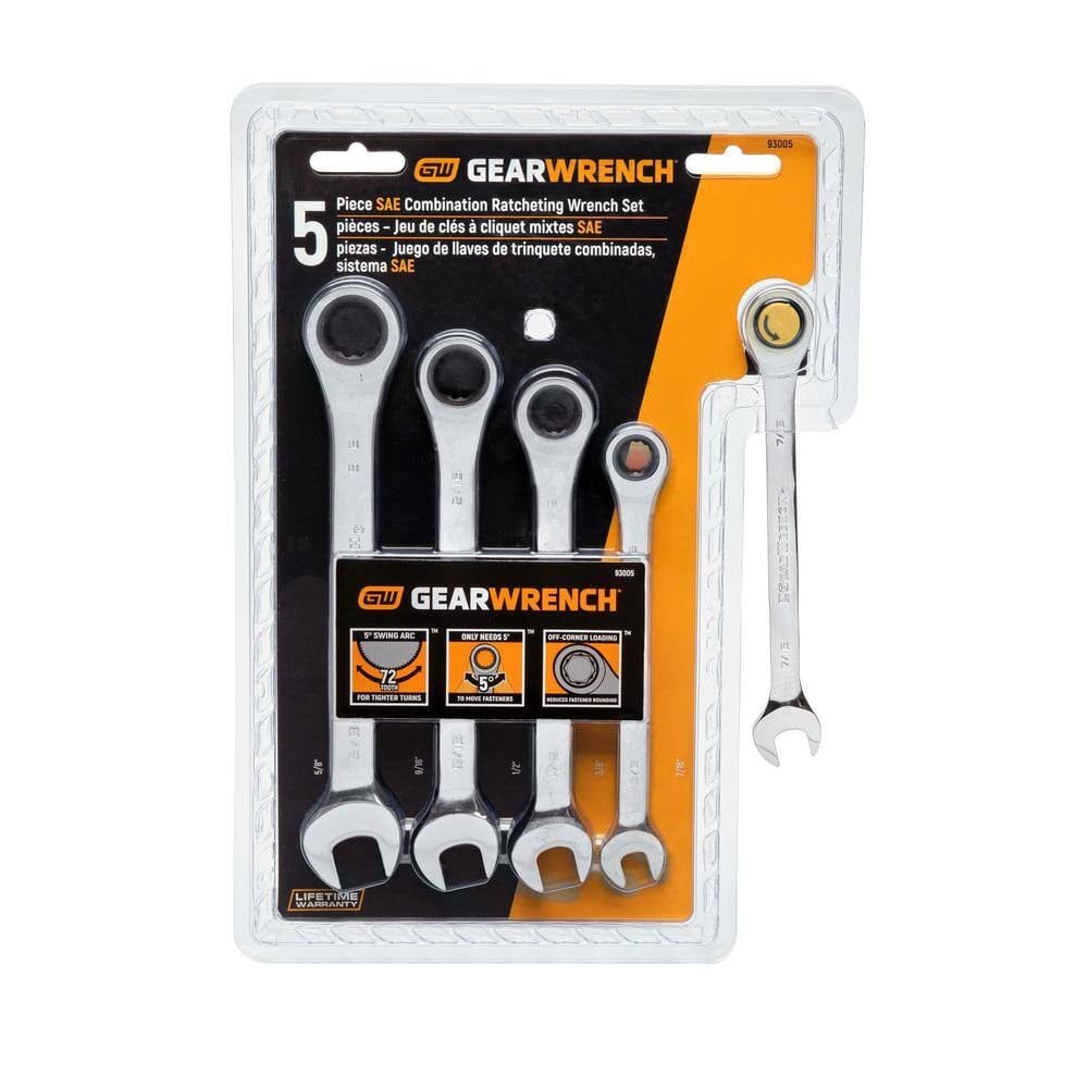 Retail packaging for the GearWrench 93005 5-piece SAE ratcheting combination wrench set, emphasizing the lifetime warranty and the 72-tooth mechanism.