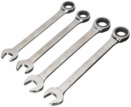 A set of four GEARWRENCH SAE ratcheting combination wrenches (13/16-inch, 7/8-inch, 15/16-inch, and 1-inch) laid out in a row on a white background.