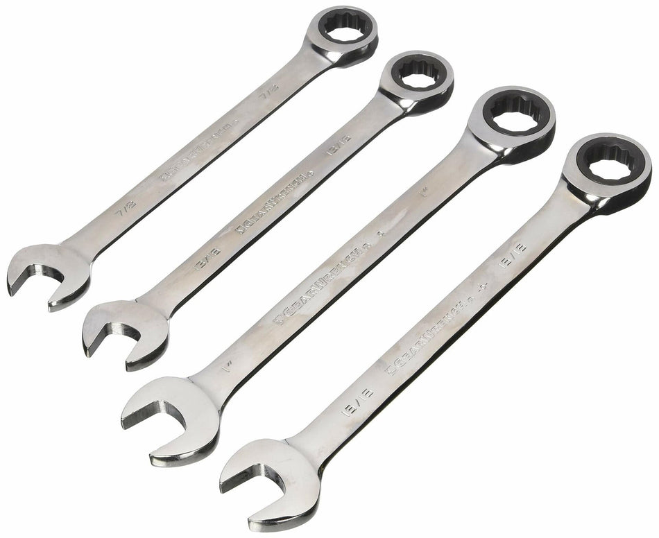 A set of four GEARWRENCH SAE ratcheting combination wrenches (13/16-inch, 7/8-inch, 15/16-inch, and 1-inch) laid out in a row on a white background.