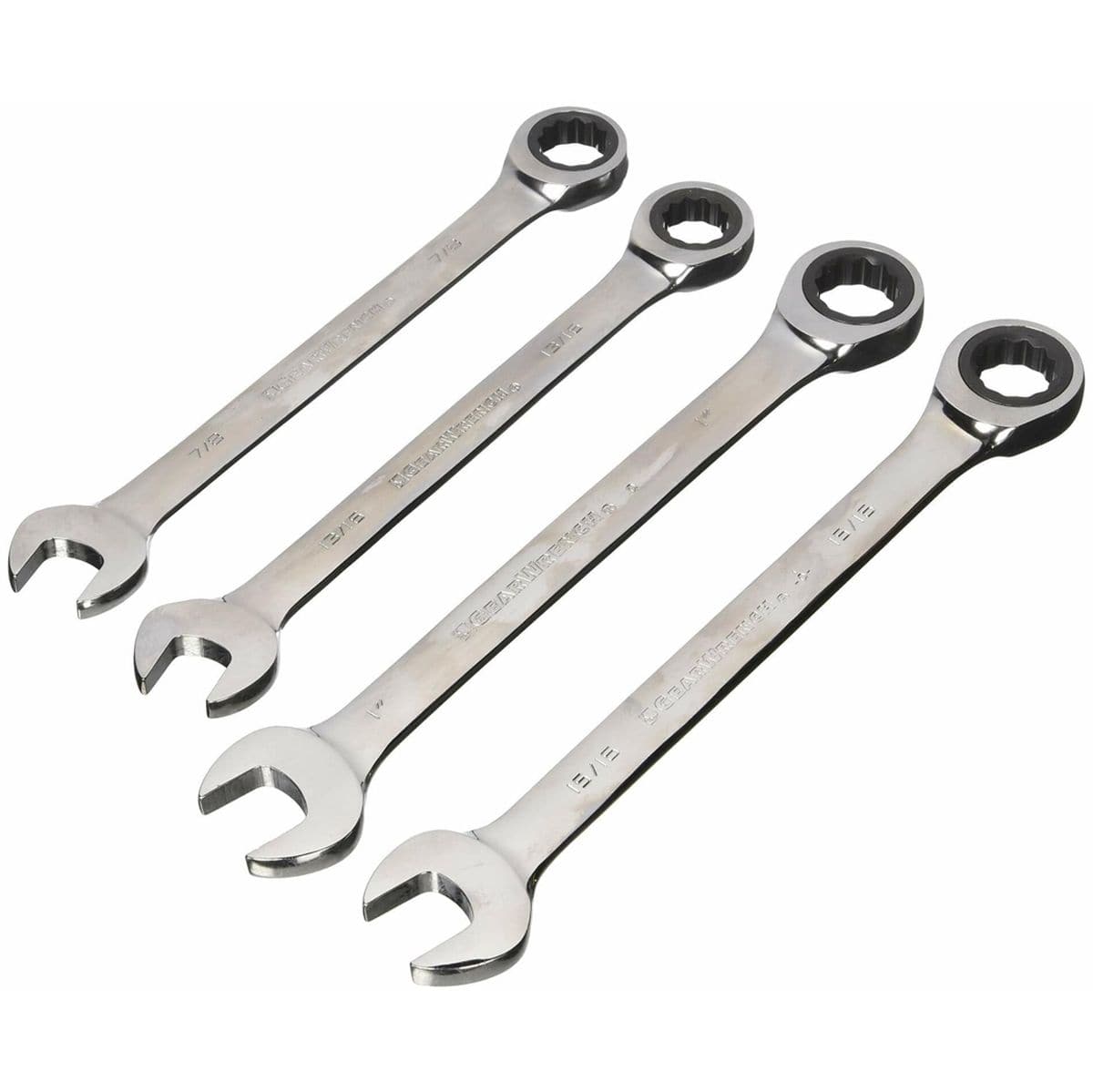 A set of four GEARWRENCH SAE ratcheting combination wrenches (13/16-inch, 7/8-inch, 15/16-inch, and 1-inch) laid out in a row on a white background.