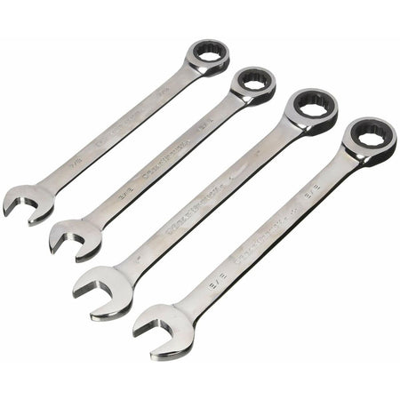 A set of four GEARWRENCH SAE ratcheting combination wrenches (13/16-inch, 7/8-inch, 15/16-inch, and 1-inch) laid out in a row on a white background.