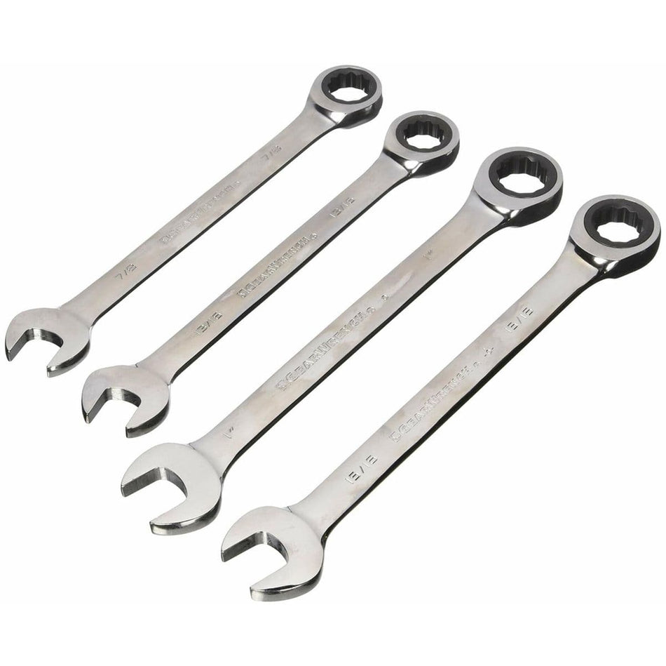 A set of four GEARWRENCH SAE ratcheting combination wrenches (13/16-inch, 7/8-inch, 15/16-inch, and 1-inch) laid out in a row on a white background.