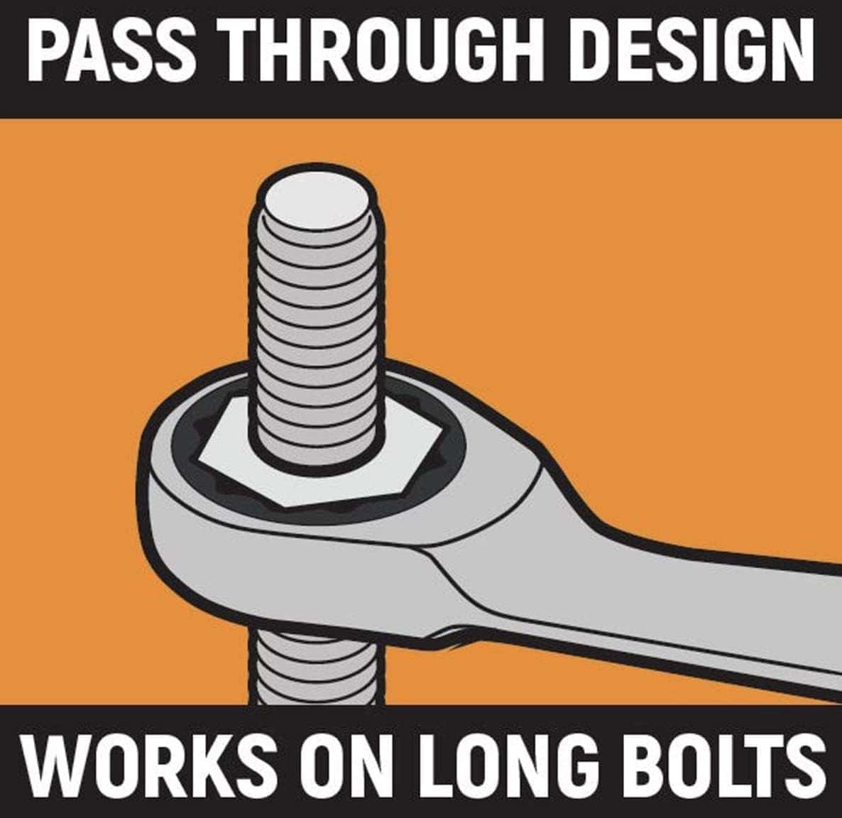 An informational graphic illustrating the "PASS THROUGH DESIGN" of a ratcheting wrench, showing it "WORKS ON LONG BOLTS" by allowing the bolt to pass through the head.