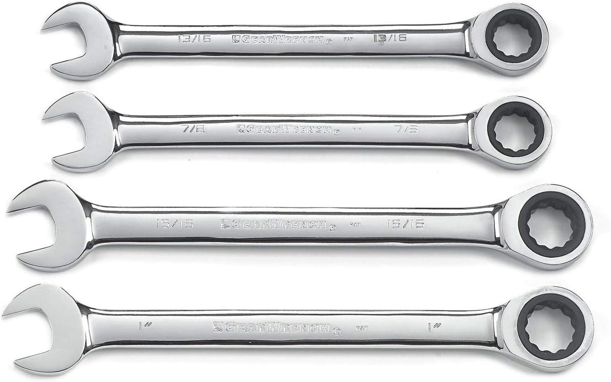 A set of four GEARWRENCH SAE ratcheting combination wrenches (13/16-inch, 7/8-inch, 15/16-inch, and 1-inch) laid out in a row on a white background.
