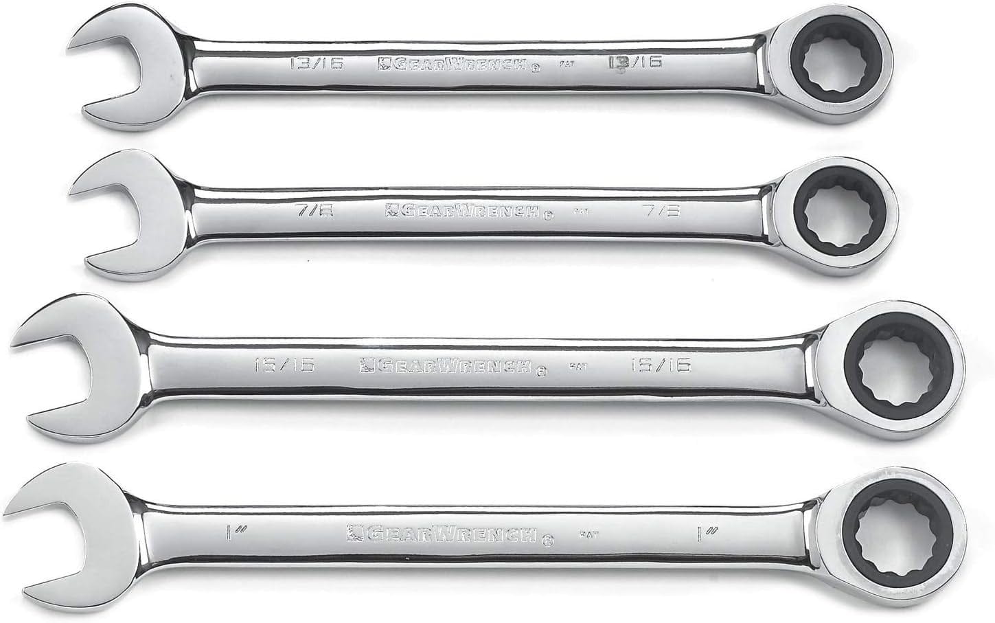 A set of four GEARWRENCH SAE ratcheting combination wrenches (13/16-inch, 7/8-inch, 15/16-inch, and 1-inch) laid out in a row on a white background.