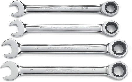 A set of four GEARWRENCH SAE ratcheting combination wrenches (13/16-inch, 7/8-inch, 15/16-inch, and 1-inch) laid out in a row on a white background.