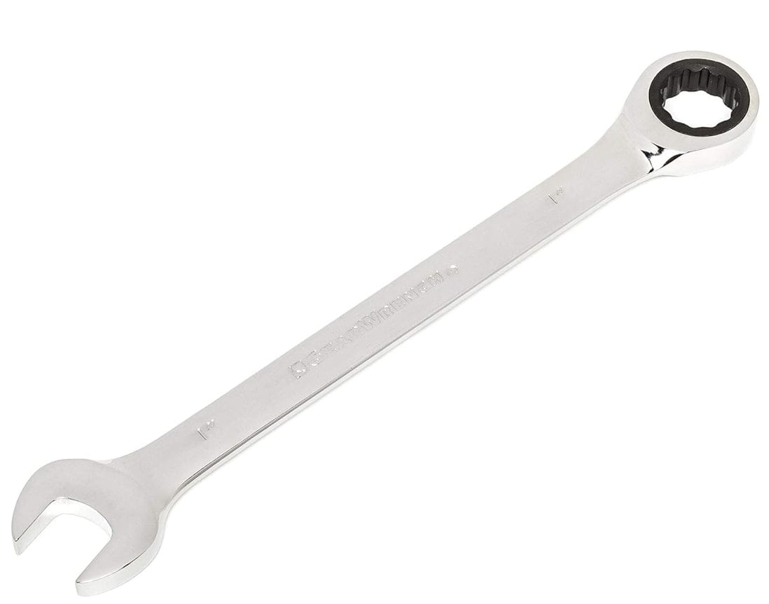A full-length studio shot of a 1-inch GEARWRENCH ratcheting combination wrench with a full polish chrome finish, isolated on a white background.