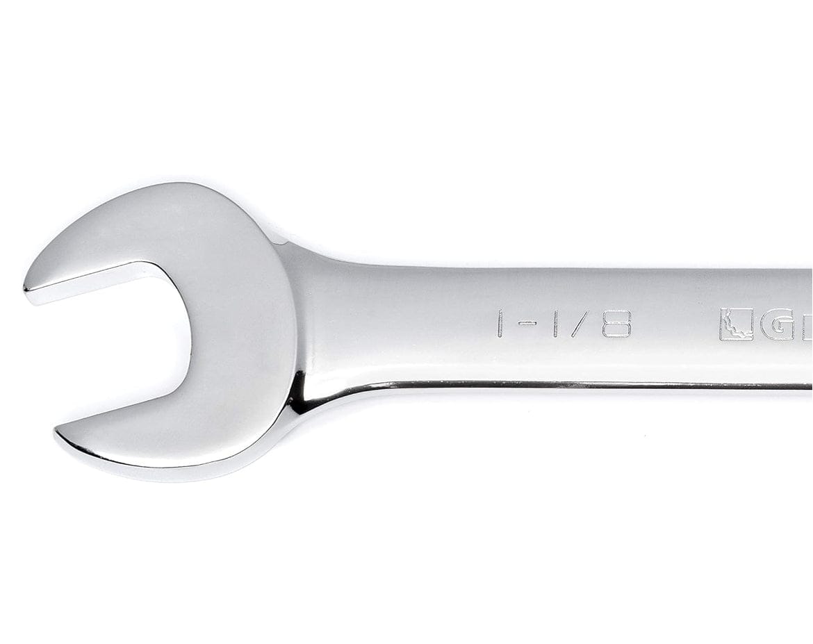 A close-up studio shot of the open end of a 1-1/8-inch GEARWRENCH non-ratcheting combination wrench.