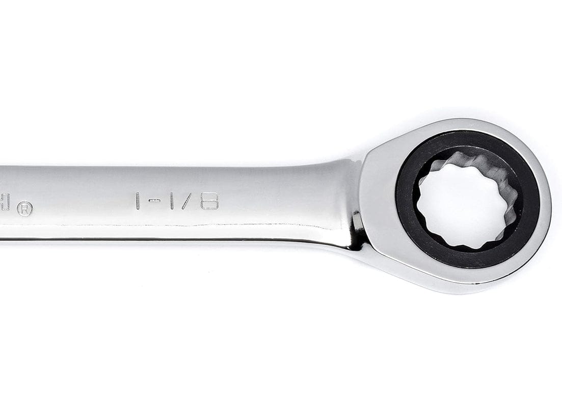 A close-up studio shot of the 1-1/8-inch 12-point ratcheting box end of a GEARWRENCH combination wrench.