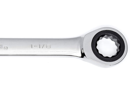 A close-up studio shot of the 1-1/8-inch 12-point ratcheting box end of a GEARWRENCH combination wrench.