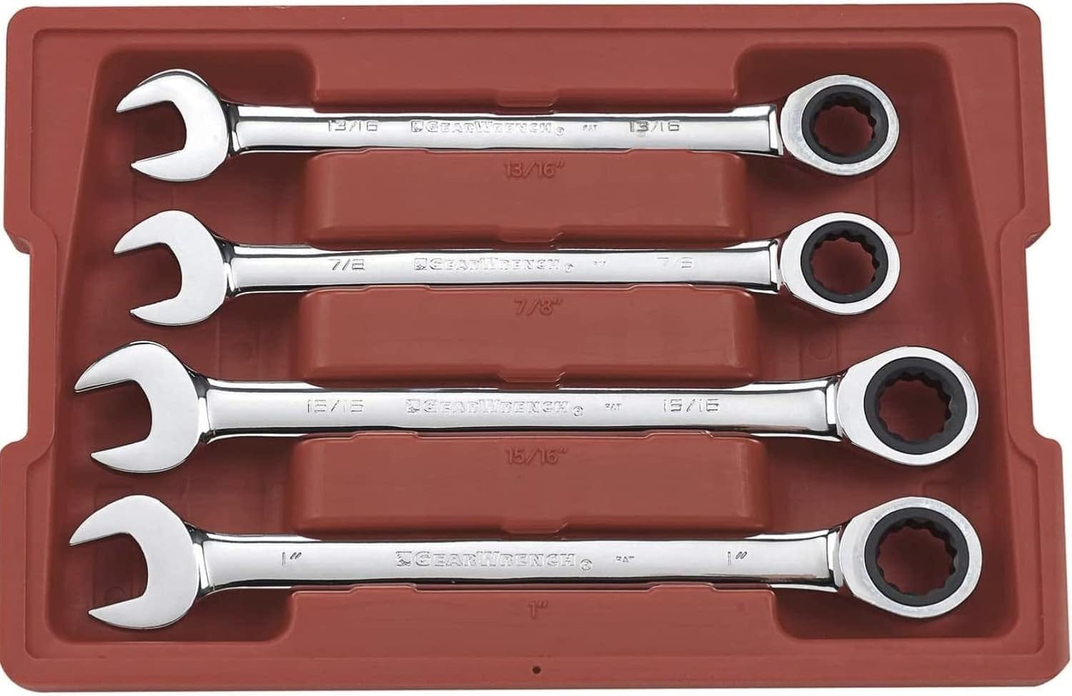 A set of four GEARWRENCH SAE ratcheting combination wrenches (13/16-inch, 7/8-inch, 15/16-inch, and 1-inch) organized in a red plastic storage tray.