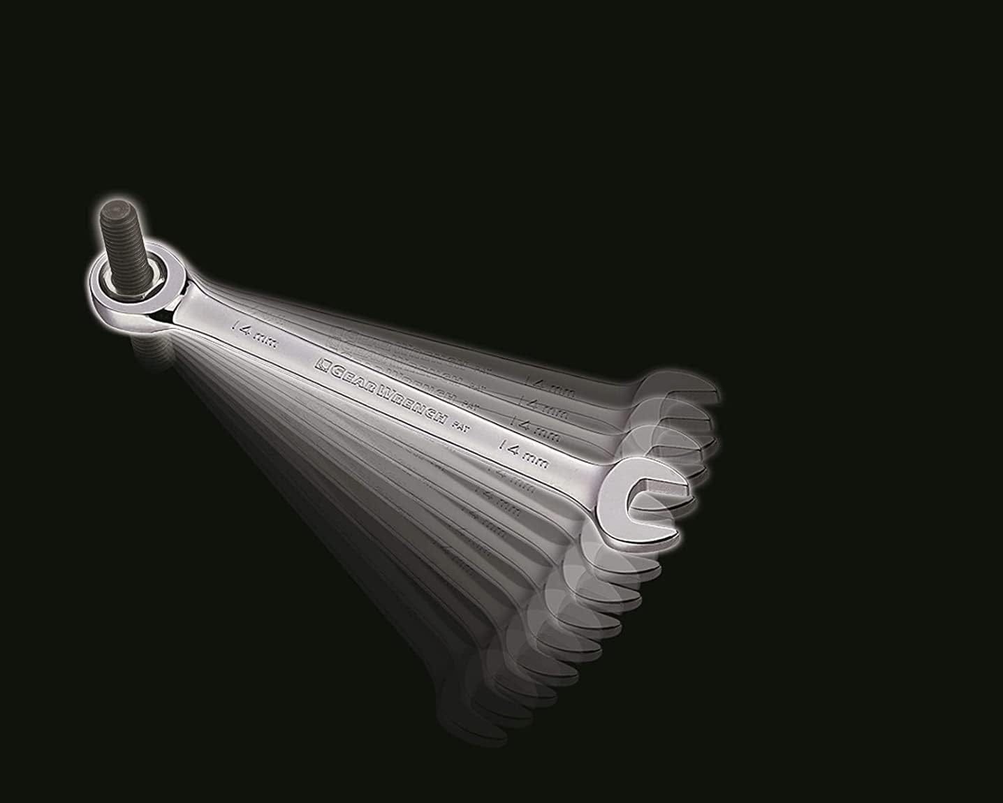 An artistic photo showing a 14mm GEARWRENCH ratcheting wrench turning a nut on a bolt, with motion blur indicating the ratcheting action.