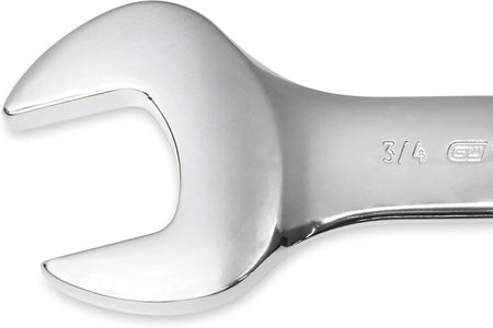 A detailed close-up view of the open-end head on a 3/4 inch GEARWRENCH stubby combination wrench highlighting the precision-machined alloy steel and high-visibility size stamping.