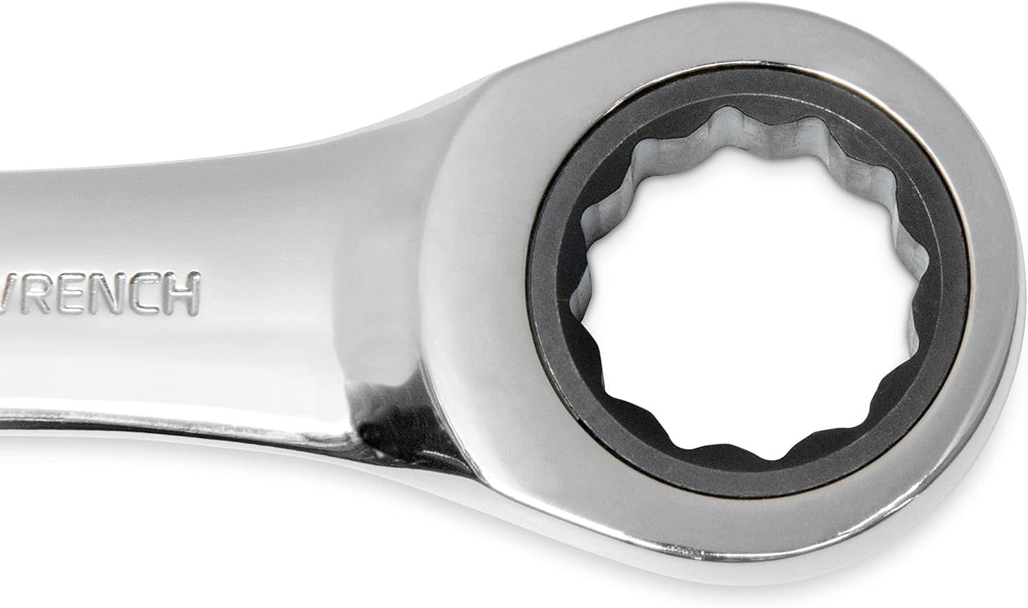 A macro detail of the 72-tooth 12-point ratcheting box end on a GEARWRENCH stubby wrench, showcasing the professional-grade gear mechanism designed for maximum productivity in confined areas.