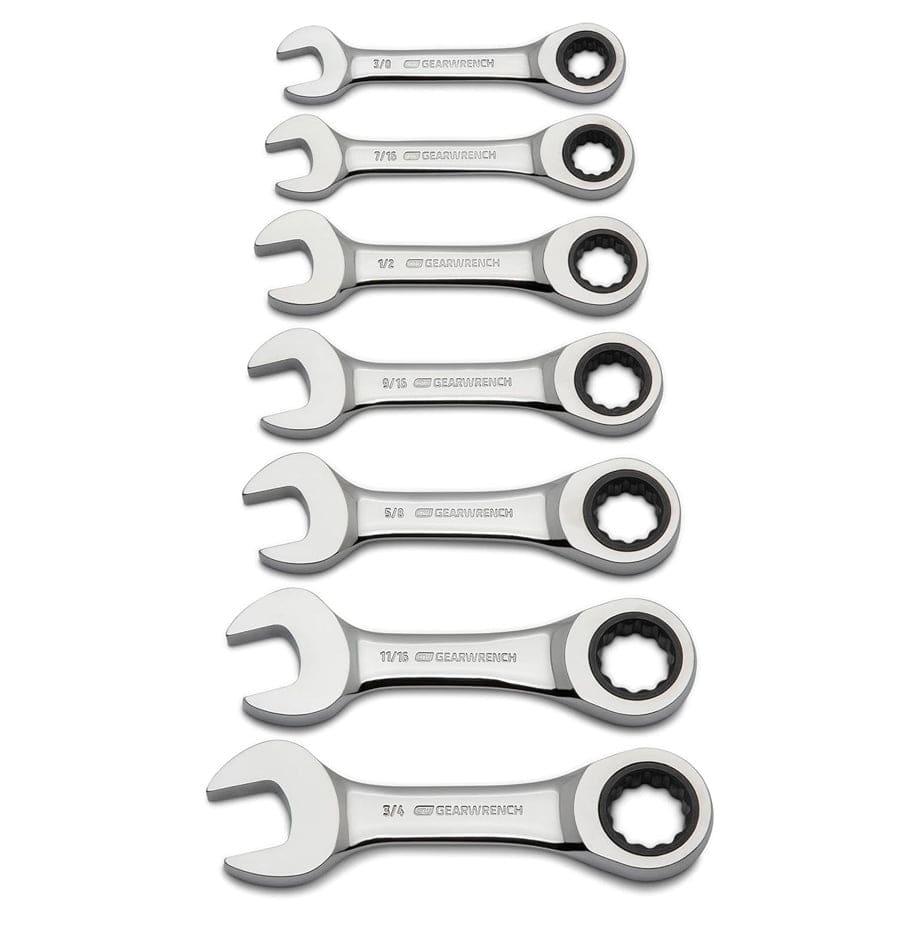 A top-down view of the complete GEARWRENCH 9507D set including seven stubby ratcheting wrenches ranging from 3/8 inch to 3/4 inch, illustrating the compact tool design and polished chrome finish.
