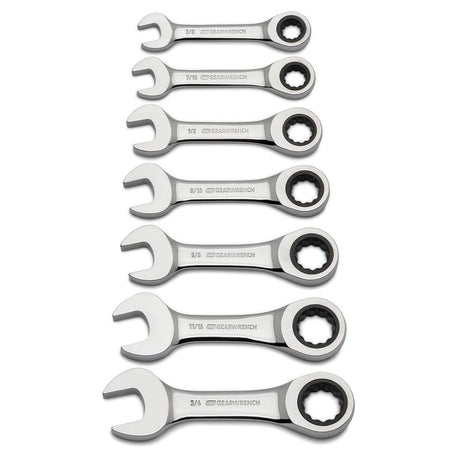 A top-down view of the complete GEARWRENCH 9507D set including seven stubby ratcheting wrenches ranging from 3/8 inch to 3/4 inch, illustrating the compact tool design and polished chrome finish.