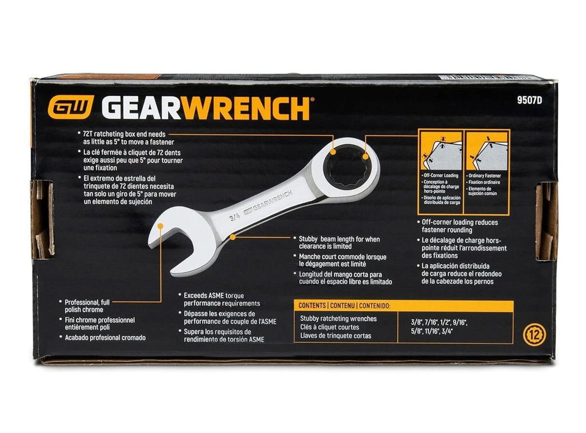 The back of the retail package for the 7-piece stubby wrench set, listing the included SAE sizes and illustrating technical benefits such as the 12-point drive and torque performance that exceeds ASME requirements.
