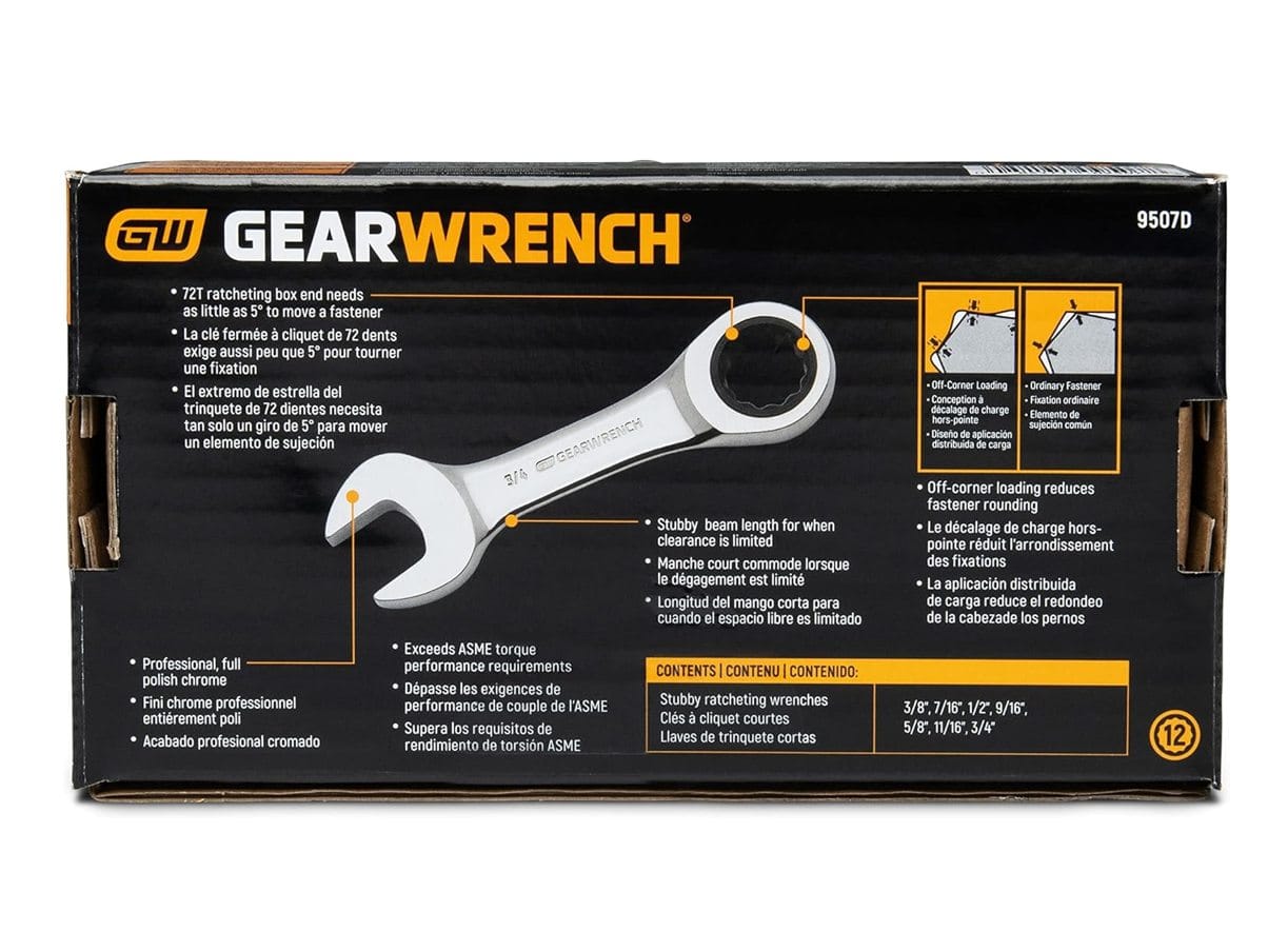 The back of the retail package for the 7-piece stubby wrench set, listing the included SAE sizes and illustrating technical benefits such as the 12-point drive and torque performance that exceeds ASME requirements.