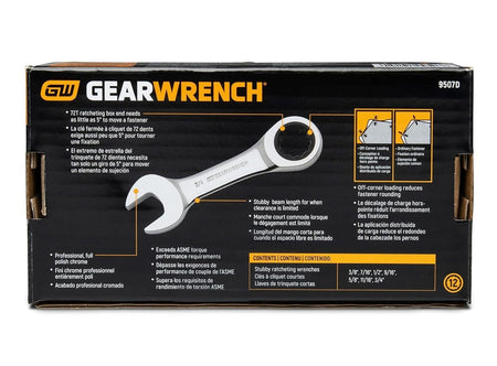The back of the retail package for the 7-piece stubby wrench set, listing the included SAE sizes and illustrating technical benefits such as the 12-point drive and torque performance that exceeds ASME requirements.