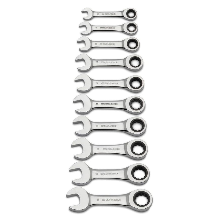 A comprehensive studio shot of the GEARWRENCH 9520D 10-piece stubby metric ratcheting combination wrench set featuring high-strength alloy steel construction and a full polish chrome finish for professional mechanical work.
