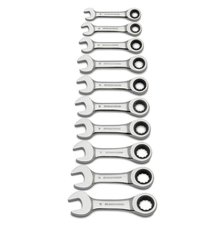 A comprehensive studio shot of the GEARWRENCH 9520D 10-piece stubby metric ratcheting combination wrench set featuring high-strength alloy steel construction and a full polish chrome finish for professional mechanical work.